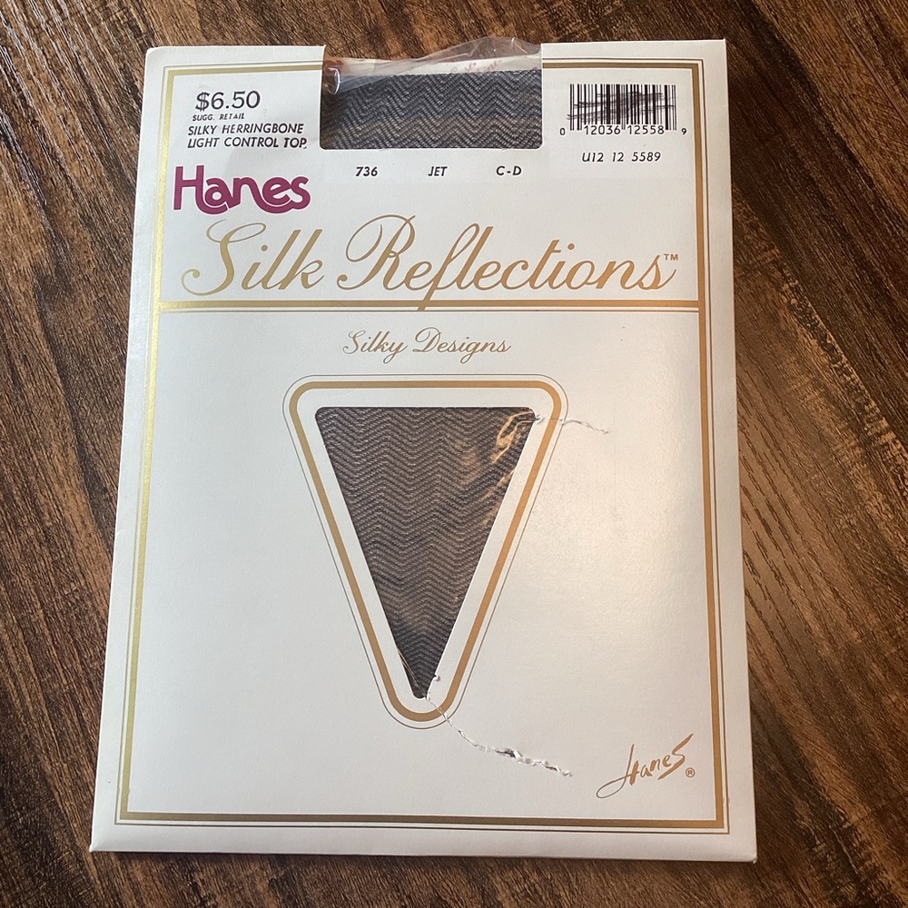 Vintage NEW Hanes Silk Reflections Silky Black Herringbone Control Top Pantyhose